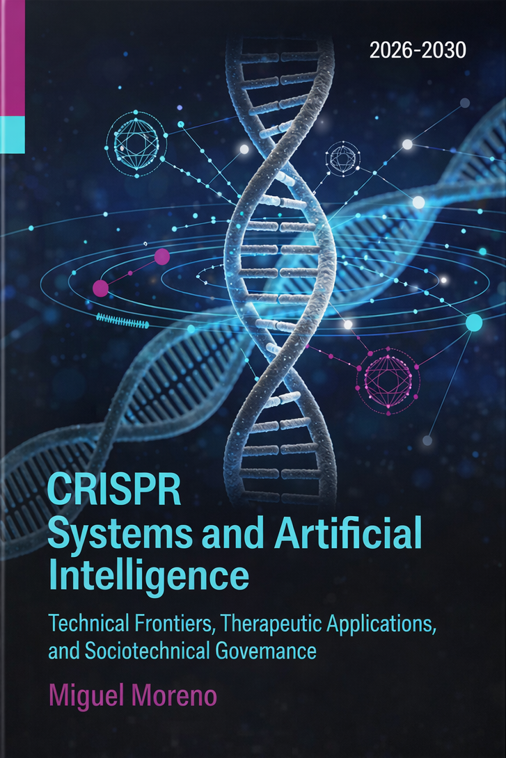 Monograph cover: CRISPR Systems and Artificial Intelligence — Technical Frontiers, Therapeutic Applications, and Sociotechnical Governance. Miguel Moreno, 2026–2030.